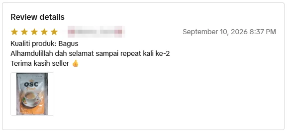 Tangkapan skrin ulasan asal daripada Shopee Malaysia, nama pembeli disamarkan