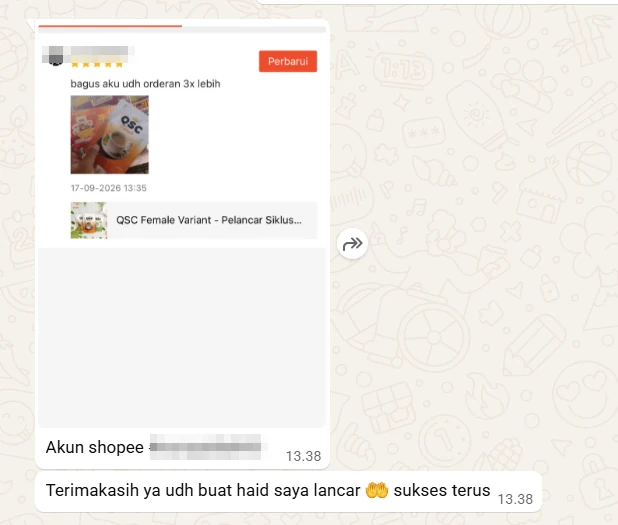 Tangkapan skrin ulasan asal daripada Sembang WhatsApp, nama pembeli disamarkan