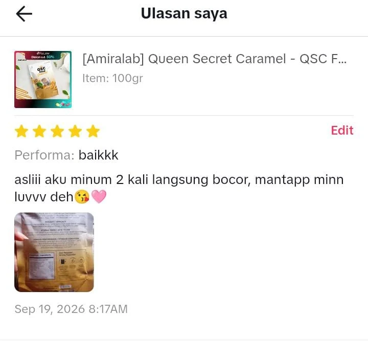 Tangkapan skrin ulasan asal daripada TikTok Shop, nama pembeli disamarkan