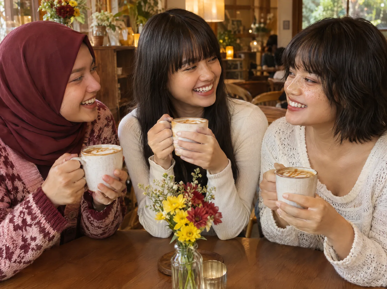 ภาพประกอบเพื่อนสาวสามคนหัวเราะด้วยกันพร้อมดื่มกาแฟอุ่น ๆ ในคาเฟ่