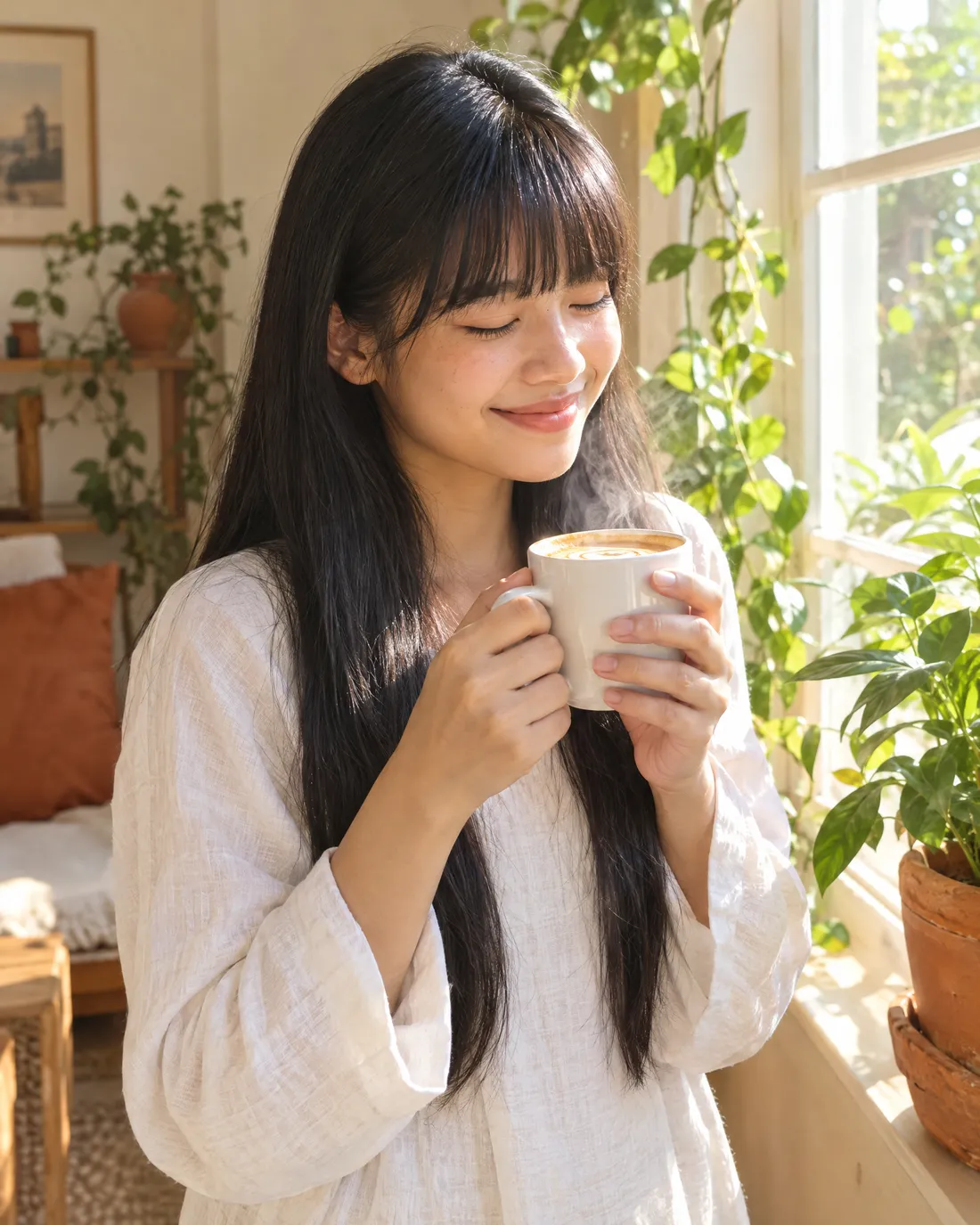 ภาพประกอบผู้หญิงยิ้มดื่มกาแฟอุ่น ๆ ริมหน้าต่างยามเช้า
