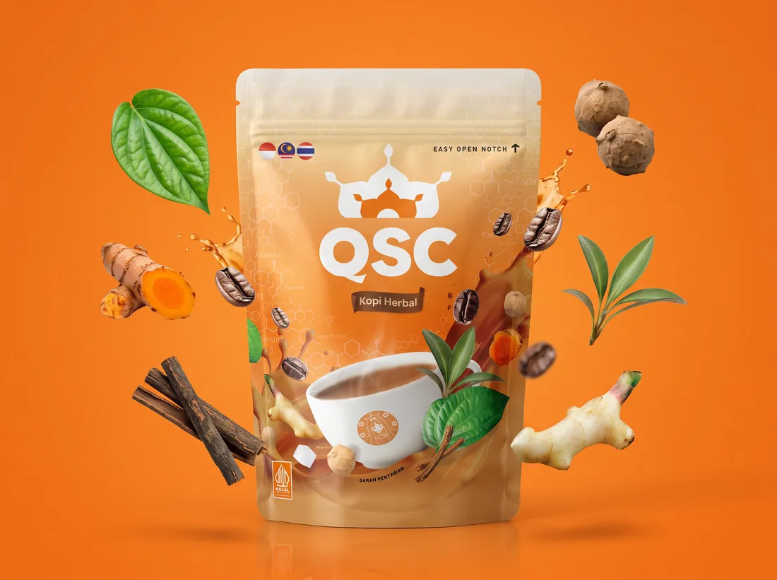 ซอง QSC ล้อมรอบด้วยสมุนไพรหกชนิด