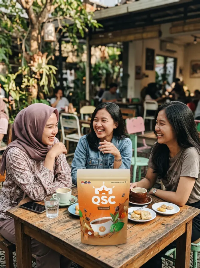 ภาพประกอบเพื่อนสามคนหัวเราะในคาเฟ่กับ QSC Cappuccino