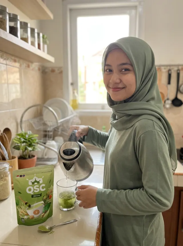 ภาพประกอบการชง QSC Matcha ในครัวยามเช้า