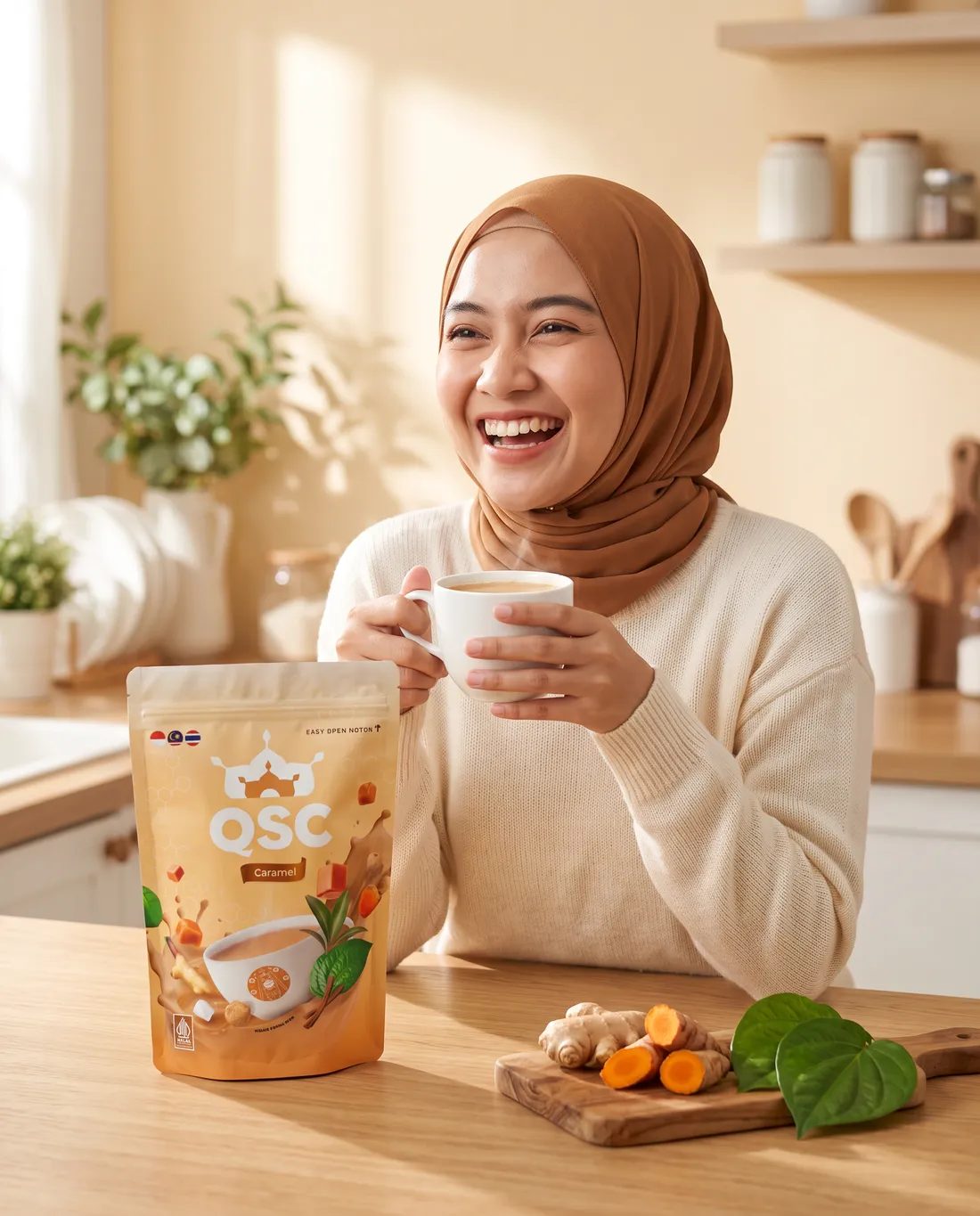 ภาพประกอบผู้หญิงกำลังดื่ม QSC Caramel ในครัวที่อบอุ่น